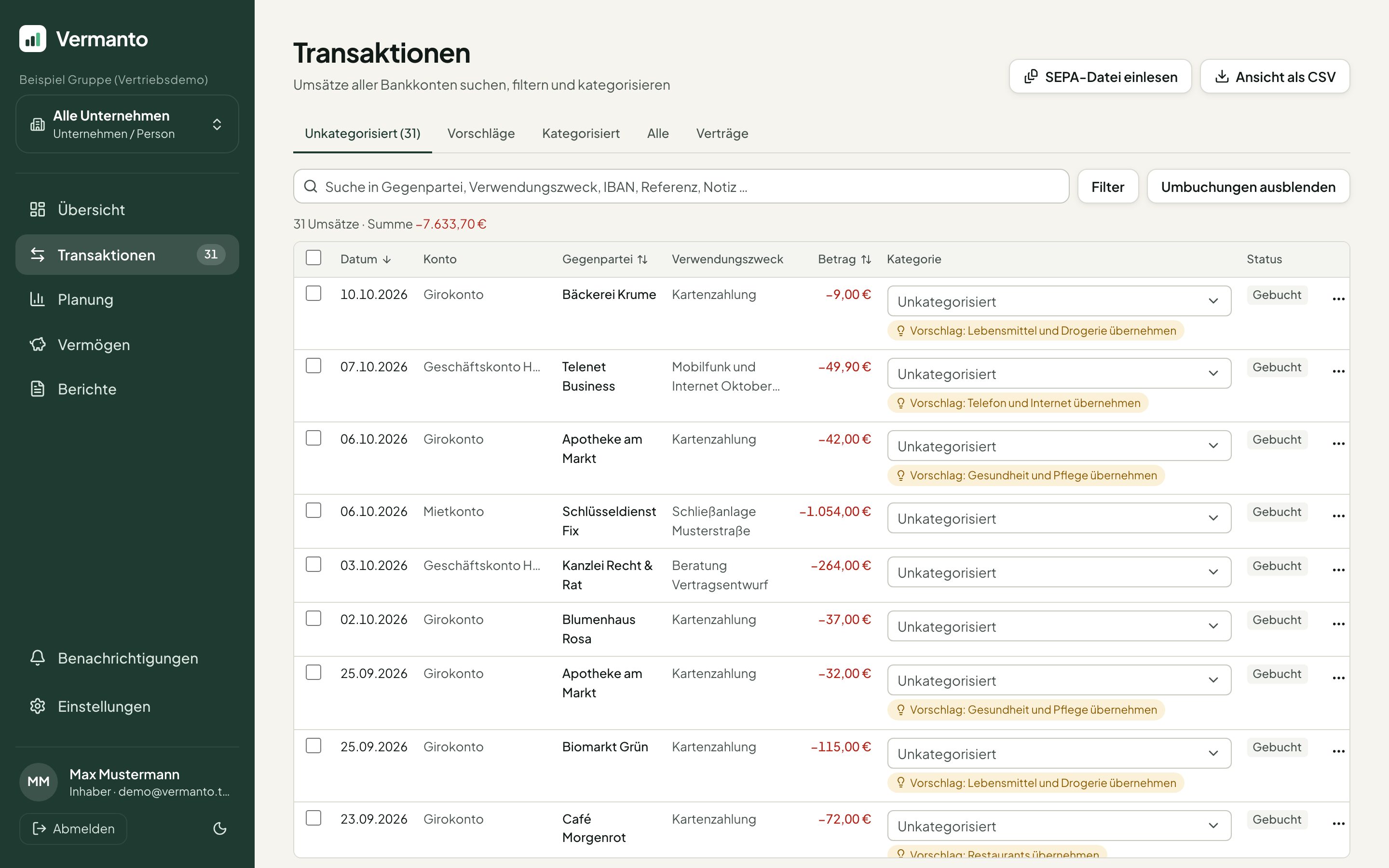 Transaktionen mit Kategorien und Vorschlägen (Beispieldaten)
