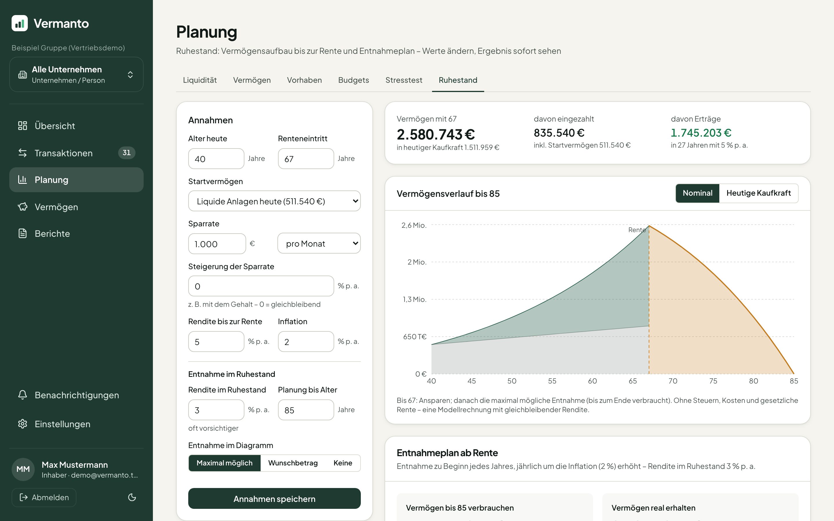Ruhestandsplanung mit Vermögensverlauf und Entnahmeplan (Beispieldaten)